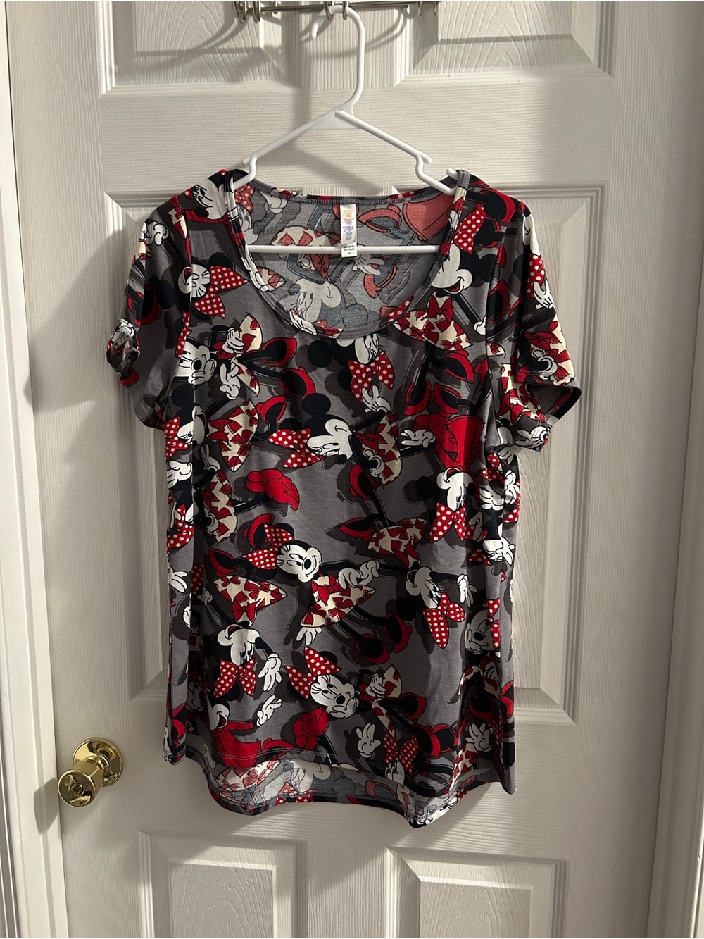 LuLaRoe Minnie Mouse Graphic V-Neck Top - Gray, Red, Black